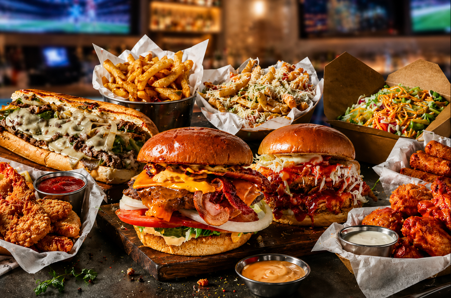 The full Prime spread — smash burgers, philly, wings, loaded fries